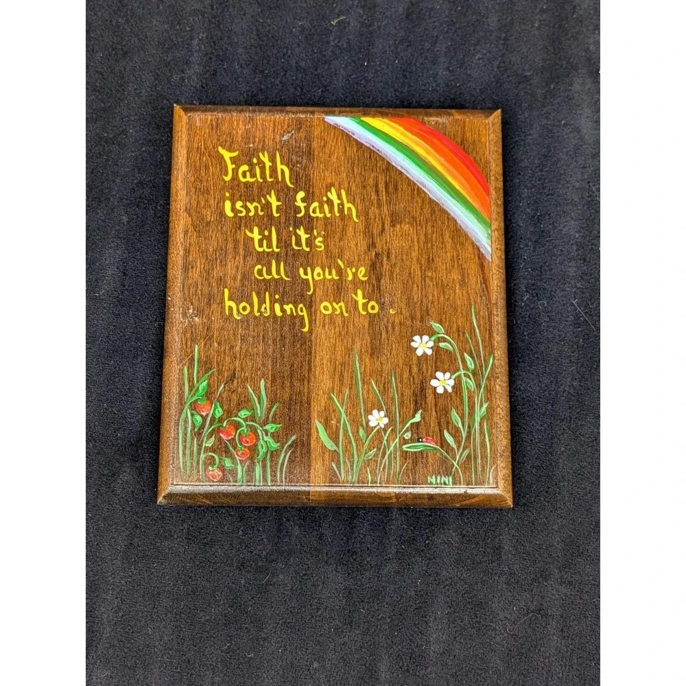 Vtg Hand Painted Wall Plaque 70s Faith Spiritual Rainbow Ladybug Strawberry 5x6